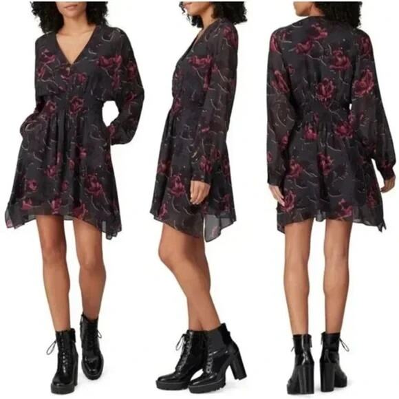 Allsaints Dress Womens Medium Black Floral Long Sleeve V Neck Whimsigoth Mini - Picture 1 of 16